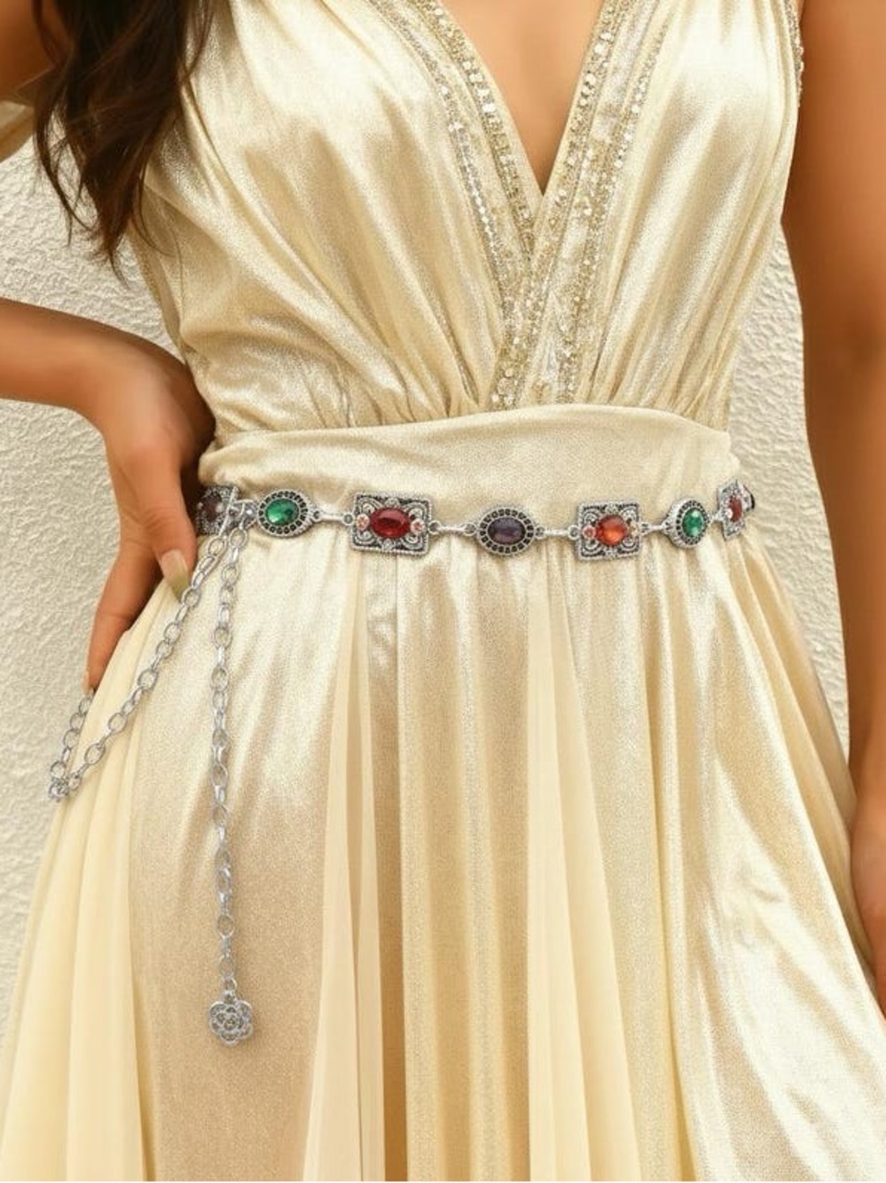 Silver Multigemstone Chain Waist Belt - Women's Decorative Belt